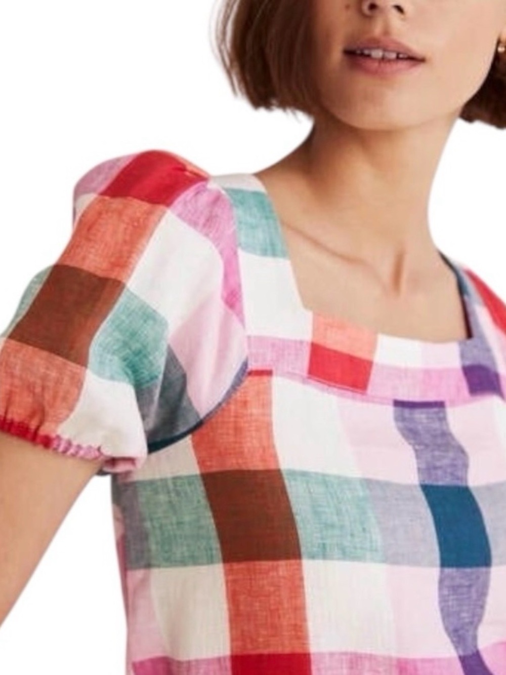 Boden Gingham Check Linen Square Neck Short Puff Sleeve Top - Picture 3 of 9